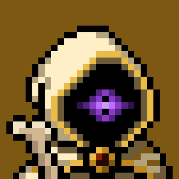 A pixel art character resembling Moogle with a white hood, a large black face, and a purple symbol on its forehead, set against a brown background.