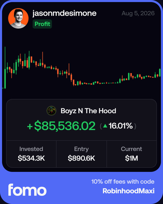 A Fomo app screenshot showing user "jasonmdesimone" with a "Profit" badge displaying a +$85,536.02 (16.01%) gain on the "Boyz N The Hood" ($BOYZ) token, with details showing $534.3K invested, $890.6K entry, and $1M current value. The image visualizes the post's claim of the Arena founder's rapid PNL gains on $BOYZ, highlighting the trading success mentioned in the promotional message offering 10% off fees with code "RobinhoodMaxi."