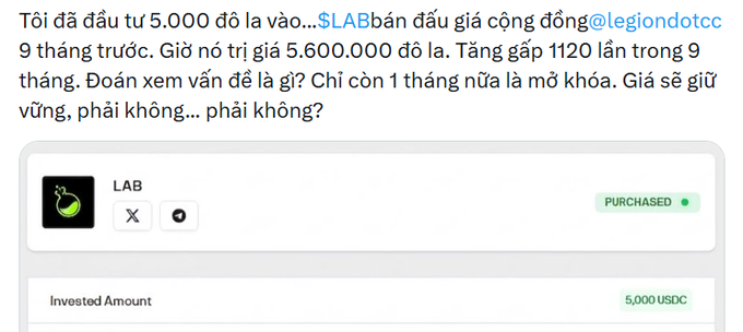 This image shows a screenshot of a social media post that appears to be a response to an earlier post about investing in LAB tokens. The text in the new post suggests that the user has invested $5,000 in these tokens, which are currently valued at 5.6M (million dollars). The post seems to focus on the price fluctuations of the tokens and warns against potential losses if the price goes up or down. There is no specific information about what language the text is written in.