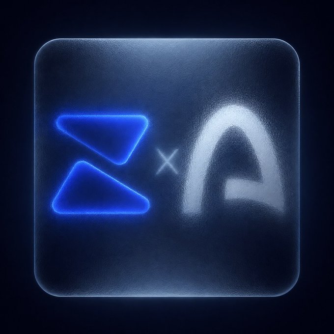 A stylized dark blue square tile with a glowing blue arrow symbol on the left, a faded 'A' shape on the right, and an 'x' between them, resembling a tech or cryptocurrency logo.