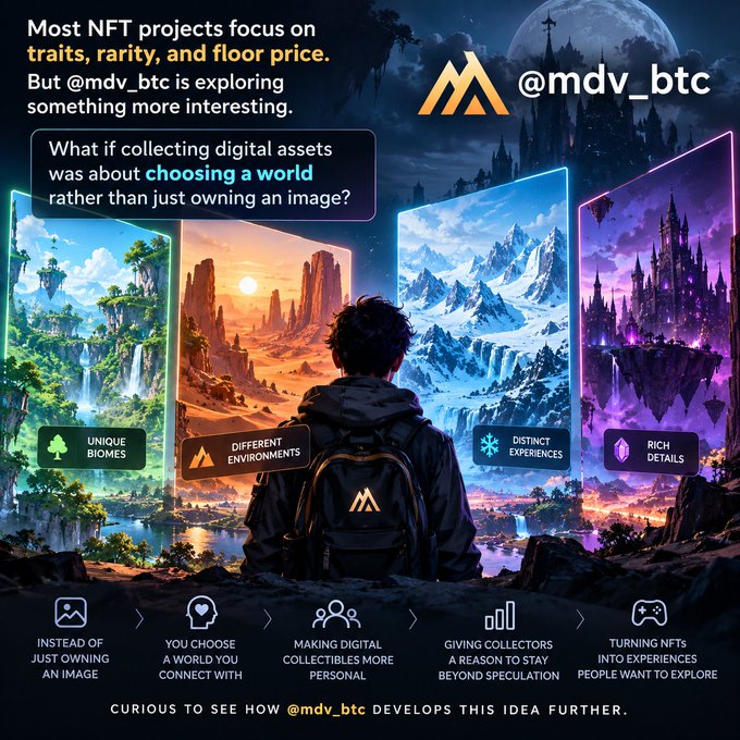 A promotional graphic for '@mdv_btc' suggesting that NFTs should be about 'choosing a world rather than just owning an image', displaying four vibrant fantasy landscapes with labels like 'Unique Biomes' and 'Different Environments'.