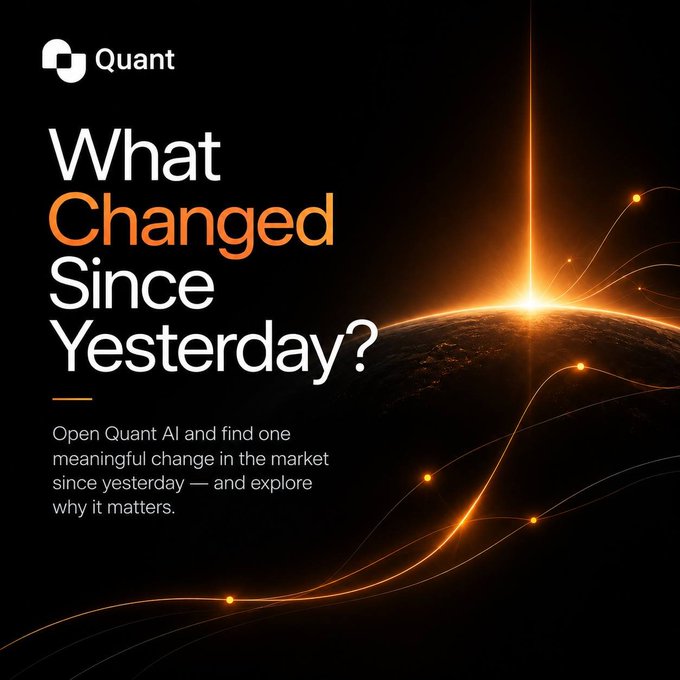 An advertisement graphic for Quant AI featuring the text "What Changed Since Yesterday?" and instructions to "Open Quant AI and find one meaningful change in the market since yesterday — and explore why it matters," set against a space-themed background.