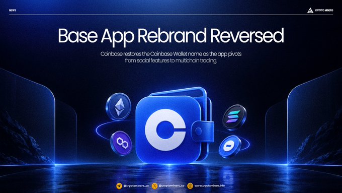 A digital news graphic with the headline 'Base App Rebrand Reversed' and a subheadline noting Coinbase is restoring the Coinbase Wallet name as the app pivots from social features to multichain trading, branded with 'CryptoNews'.