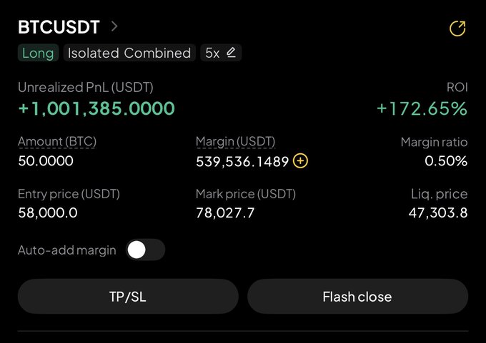 The image shows a BTCUSDT long position with 5x leverage, displaying an unrealized PnL of +1,001,385.00 USDT (ROI +172.65%) on 50 BTC at an entry price of $58,000.0 with a mark price of $78,027.7. The screenshot supports the post by showcasing massive unrealized gains on a Bitcoin long position that the poster is choosing to hold despite September historically being Bitcoin's worst-performing month.
