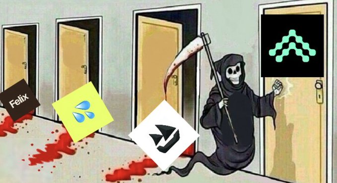 A cartoon character with a mask holding a Death Star is seen entering a room while other post #s are displayed below him. These posts include discussions about various companies, products such as "FELIX", "drip" and an event name like " HyperEVM battle royale".