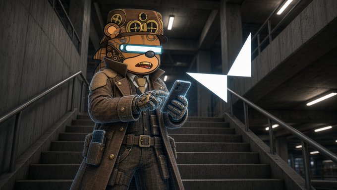An anthropomorphic bear in steampunk attire uses a smartphone amid a concrete stairwell, while an arrow points to the empty flight of stairs behind him—visually echoing the post's irony that a human surveyor skipped the boring staircase and instead posted a $300 gig for someone else to capture the missing spatial data.
