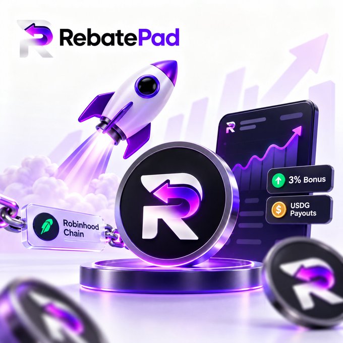 A promotional graphic for 'RebatePad' featuring a purple rocket, a phone displaying a growth chart, and labels for '3% Bonus', 'USDG Payouts', and 'Robinhood Chain'.