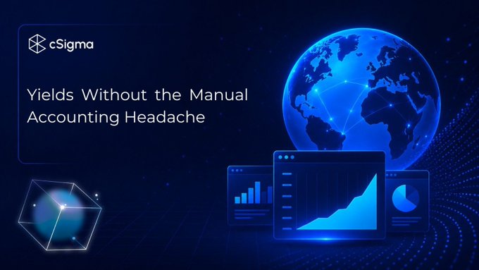 A dark blue promotional banner for cSigma reading 'Yields Without the Manual Accounting Headache,' featuring a glowing globe and stylized dashboard screens.