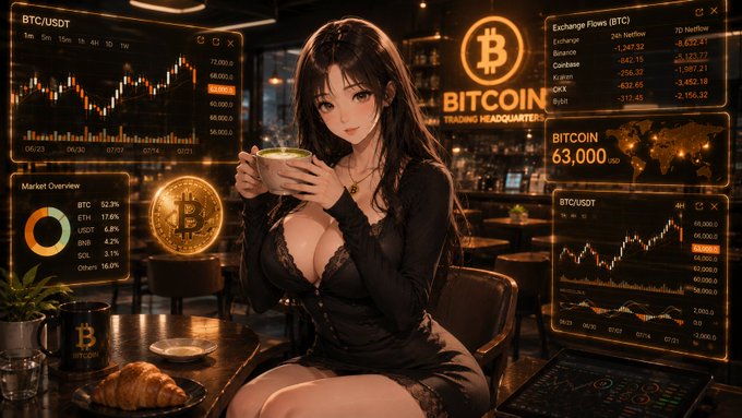 Anime-style illustration of a woman in a black dress holding a coffee cup at a 'BITCOIN TRADING HEADQUARTERS' cafe, surrounded by multiple screens displaying BTC/USDT candlestick charts, Bitcoin priced at 63,000, and market data.