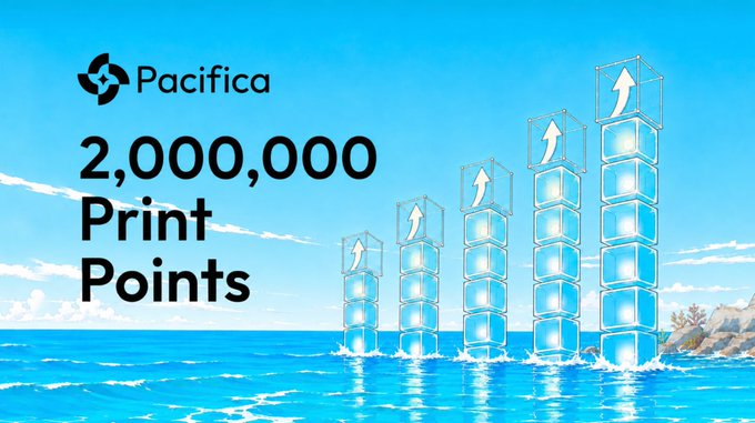 A promotional graphic for Pacifica announces "2,000,000 Print Points" alongside an illustration of rising stacks of blue cubes with upward arrows, symbolizing growth. The visual reinforces the post's message about the launch of HYPE-Print and the allocation of points to celebrate over $200,000 in print payouts.