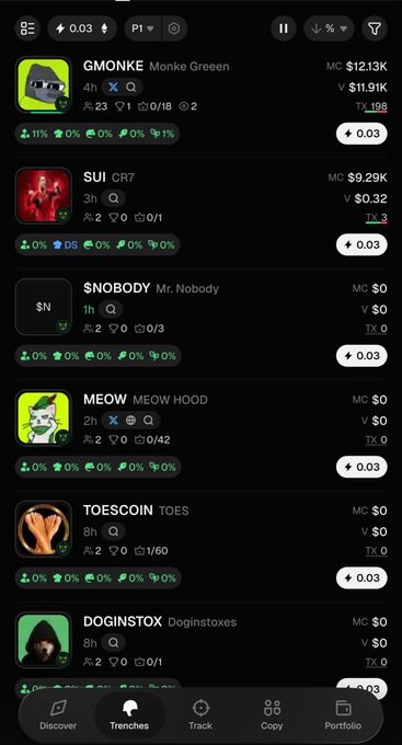 A cryptocurrency trading app interface showing various meme tokens including GMONKE ($12.13K market cap), SUI, $NOBODY, MEOW, TOESCOIN, and DOGINSTOX in a 'Trenches' section.
