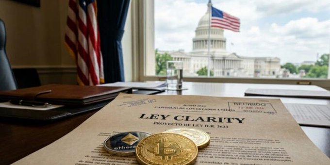 A desk displaying physical Bitcoin and Ethereum coins resting on a document titled 'LEY CLARITY' and 'PROYECTO DE LEY H.R. 3633', with the U.S. Capitol and an American flag visible through the window.