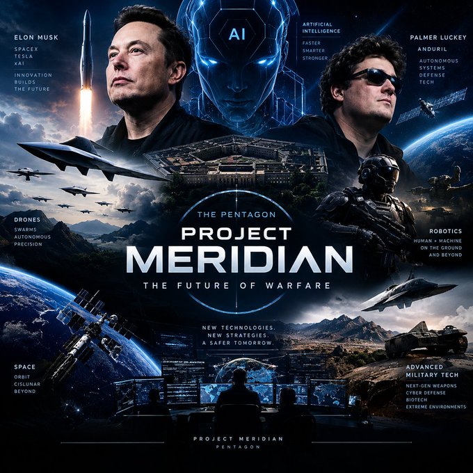 A stylized movie poster titled 'PROJECT MERIDIAN: THE FUTURE OF WARFARE' featuring Elon Musk, an AI figure, and Palmer Luckey, with Pentagon branding and various military technology labels.