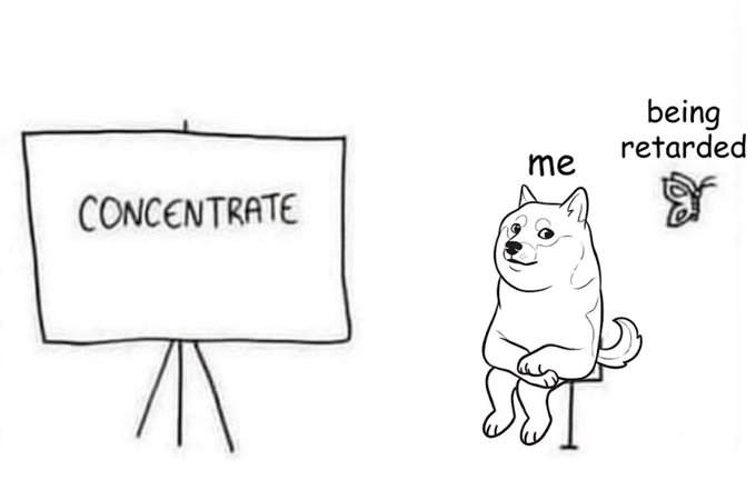 A Shiba Inu dog sits next to an easel displaying "CONCENTRATE," but his attention is diverted by a butterfly labeled "being retarded," humorously illustrating the post's caption about struggling to stay focused.