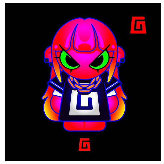 A stylized cartoon character with pink/red hair, large green eyes, gold chains, and a shirt with a 'G' logo, set against a black background with red 'G' symbols.