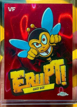 A Topps Chrome trading card showing a blue-haired, bee-like character named 'FRUPI! GARY BEE' against a red reflective background.