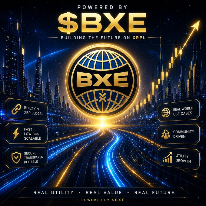 A promotional banner for "$BXE" featuring a glowing gold and blue cityscape with an upward-trending chart, centered around a globe logo marked "BXE." It highlights features like "Built on XRP Ledger," "Fast, Low Cost, Scalable," "Real World Use Cases," and "Utility Growth," tying directly to the post's emphasis on BXE leveraging XRPL for decentralized media.