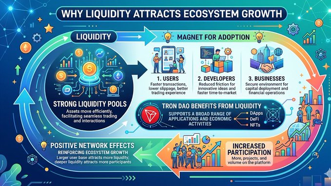 The image presents an infographic showcasing the relationship between liquidity and ecosystem growth, along with various concepts related to cryptocurrency and digital asset usage.