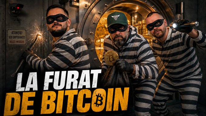 The image shows three people dressed as stereotypical burglars in striped shirts and masks, posing in front of a bank vault door while holding a bag of Bitcoin and a torch, with the bold text "LA FURAT DE BITCOIN" (Romanian for "Bitcoin Theft") at the bottom. The scene humorously illustrates the post's theme about Bitcoin theft and market manipulation, tying into the discussion about Michael Saylor's selling habits and key events shaping crypto market direction.