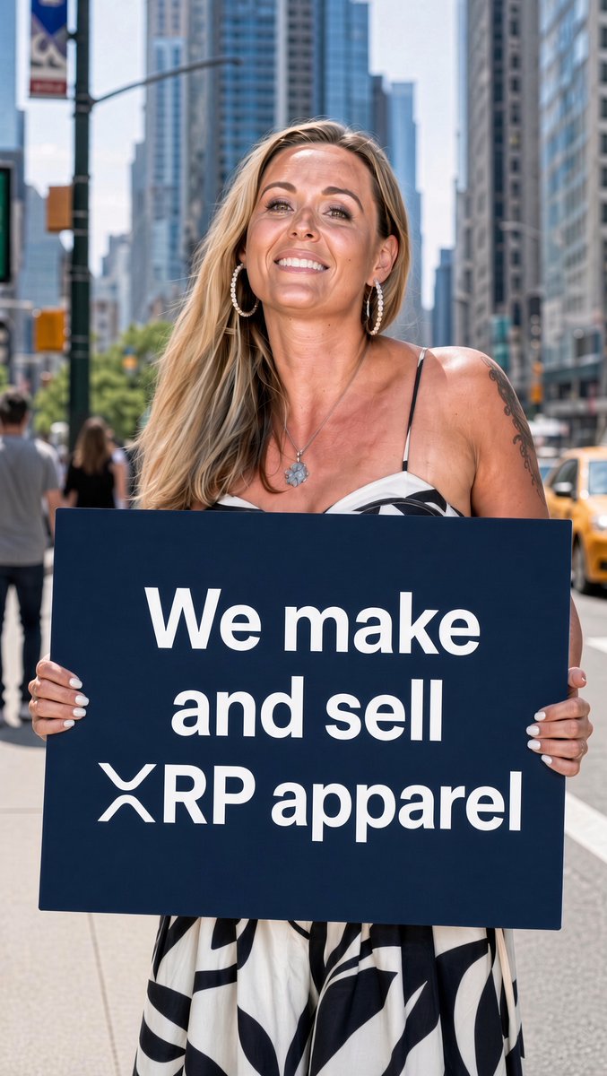 A smiling blonde woman stands on a city street holding a navy blue sign reading "We make and sell XRP apparel," supporting a post suggesting the Florida Gators could use some XRP-branded merchandise.