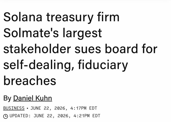 The image shows a white background with black text that reads "Solana Treasury Firm Solmate's largest stakeholder sues board for self-dealing, fiduciary breaches". The text also includes dates and times related to the event.