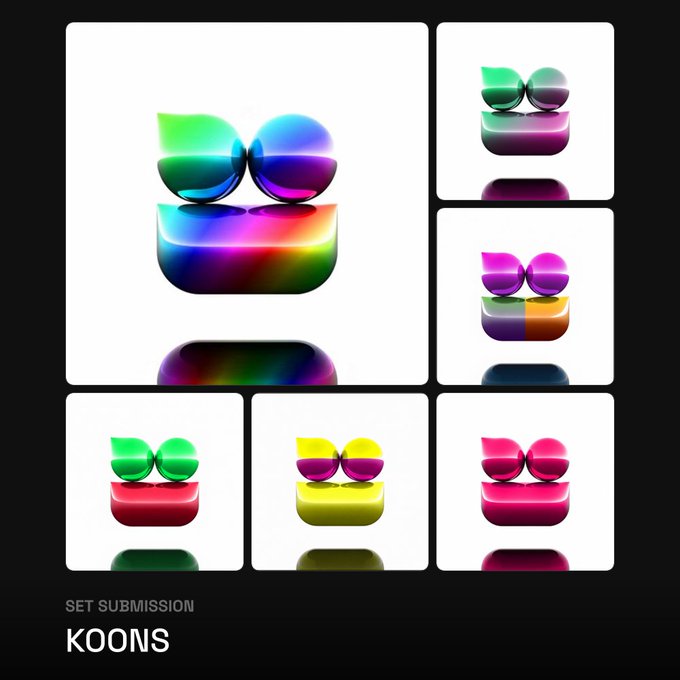 The image showcases a set submission titled "KOONS," featuring multiple 3D-rendered inflated shapes with glossy, multicolored reflective surfaces in variations of rainbow, green/red, magenta/orange, yellow, and pink hues, each displayed on white cards against a black background.