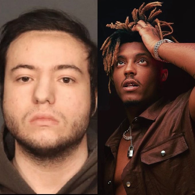 A side-by-side image showing a mugshot of a man with dark hair and stubble on the left, and a man with dreadlocks wearing a brown shirt and padlock necklace on the right.