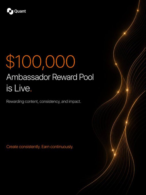 The image features a dark background with an orange background that has white lines and text. The main content of the image is related to a new initiative called the $100K Long Term Ambassador Reward Pool created by Quant AI, which is designed to reward creators for their valuable work on social media platforms like Twitter, Facebook, Instagram, and LinkedIn.
