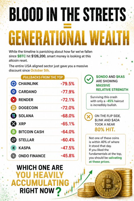 A crypto market infographic titled "BLOOD IN THE STREETS = GENERATIONAL WEALTH" highlights steep pullbacks across major altcoins—Chainlink (-79.5%), Cardano (-77.9%), Render (-72.1%), Dogecoin (-72.0%), Solana (-68.0%), XRP (-65.1%), Bitcoin Cash (-64.0%), Stellar (-60.4%), Kaspa (-47.5%), and Ondo Finance (-45.8%)—since $BTC peaked at $126,200, while emphasizing that $ONDO and $SKAS are showing relative strength. The graphic frames the crash as a buying opportunity, contrasting the decline of names like SUI, LINK, and SADA (-80%) against the resilient performance of Ondo and Kaspa.