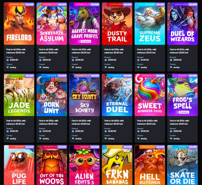 A grid of 18 slot game thumbnails, including titles like "Firelord," "Sunnydaze Asylum," "Harvest Moon Grave Profits," "Dusty Trail," "Supreme Zeus," "Duel of Wizards," "Jade Legends," "Dork Unit," "Sky Bounty," "Eternal Duel," "Sweet Bonanza 2500," "Frog's Spell," "Pug Life," "Out of the Woods," "Alien Fruits 3," "Frkn Bananas," "Hell Butcher," and "Skate or Die," promoted under the code SNUTZY. The image showcases the variety of slot challenges available through Shuffle.com, with bets starting from $0.40 to $1.00 and minimum prizes of $200–$300, supporting the tweet's $100 giveaway and $40,000 monthly leaderboard promotion.