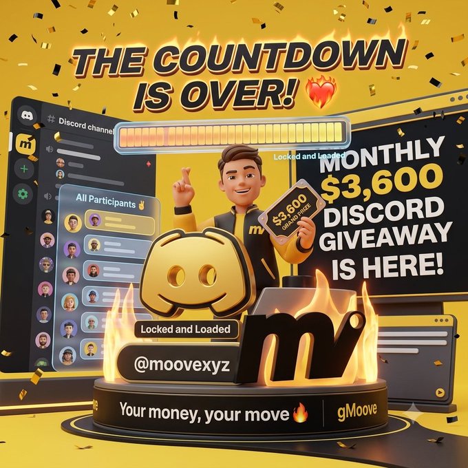 A promotional graphic for a Discord giveaway announcing 'THE COUNTDOWN IS OVER! $3,600 MONTHLY DISCORD GIVEAWAY IS HERE!' by @moovexyz, featuring a 3D character and Discord UI elements.