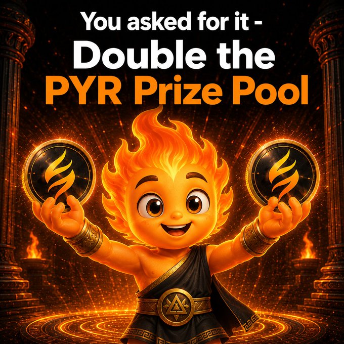 Promotional graphic featuring a flame-headed cartoon character holding PYR coins, announcing 'You asked for it - Double the PYR Prize Pool'.