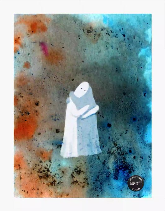 A watercolor painting of a white figure embracing another against a colorful splattered background, with an 'NFT' and '2020' stamp in the corner.