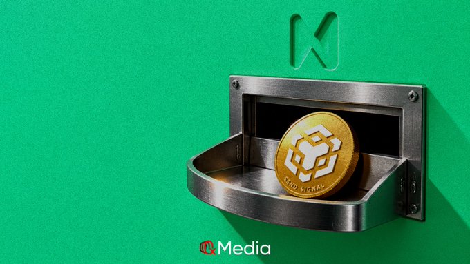 A digital marketing graphic featuring a gold BNB (BEP20) coin emerging from a slot in a green wall with the logo "CCMedia" at the bottom.