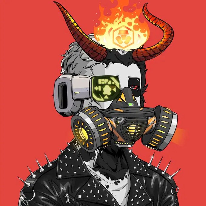 A cyberpunk-style NFT character featuring a horned, gas-mask-wearing figure with a flaming skull emblem and spiked leather jacket is displayed, representing the Cr00ts-X #3107 collectible from the @Cr00tsNFT collection, with the digital pixelated art serving as a "reminder of the journey" the collector mentions.