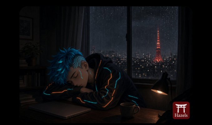 An anime-style illustration of a blue-haired character sleeping at a desk by a window with a view of Tokyo Tower at night, featuring a 'Hazels' watermark in the corner.