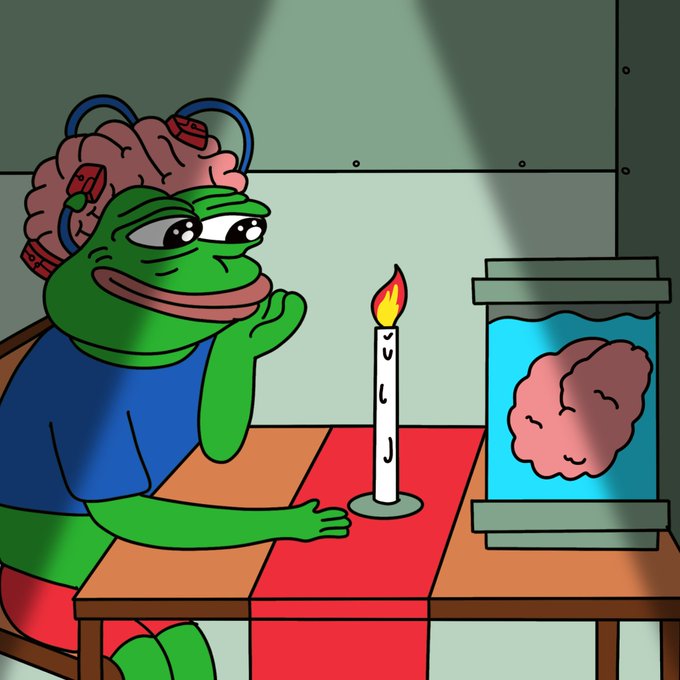 Pepe, wearing a brain-filled helmet, sits at a candlelit dinner table gazing at a floating brain in a glass jar, romanticizing intellectual connection in a meme-themed "date night" scene that ties into the pepeunchained.com crypto branding.