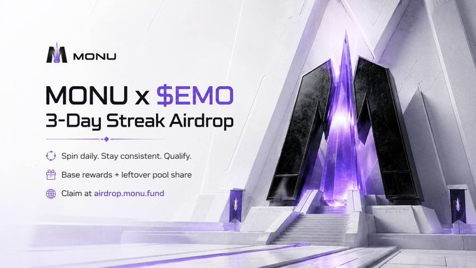 The image features an advertisement for Monu's ecosystem drop called "Monu X $EMO 3-Day Streak Airdrop". The main focus of the image is a large purple pyramid with a golden base, which serves as the centerpiece of the advertisement. The text on the image includes information about the drop and its benefits, such as daily asset consistency, high liquidity, and the ability to build assets through the airdrop feature.