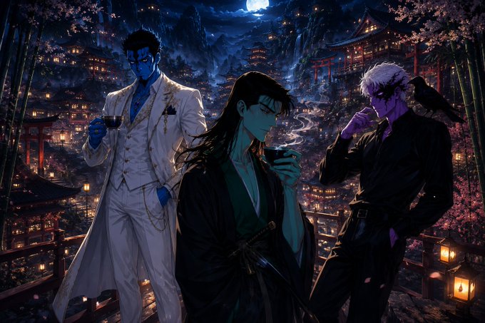 Anime-style artwork featuring three characters in suits with blue and purple skin, holding teacups against a backdrop of a Japanese-style city at night with cherry blossoms and a full moon.