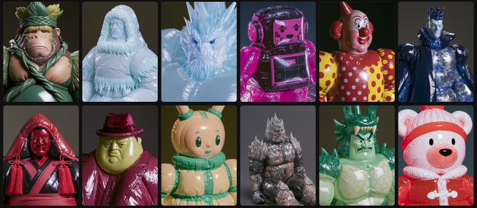 A grid showing 12 glossy 3D-rendered figurines of various characters including a yeti, ice dragon, clown, gorilla, samurai, and more, displayed against colorful backgrounds.