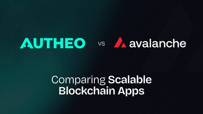 The image displays a comparison graphic featuring the "AUTHEO" logo in teal on the left, the word "vs" in the middle, and the "avalanche" logo (with its red triangular icon) on the right, all set against a dark background. Below the logos, the text reads "Comparing Scalable Blockchain Apps," which directly supports the post's discussion of how Autheo's unified full-stack validator model contrasts with Avalanche's multi-chain sovereign L1 approach.