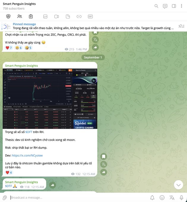A screenshot of the "Smart Penguin Insights" Telegram channel (758 subscribers) shows a pinned message warning about scams and a September 1 post with a trading chart recommending $DFT token, listing its thesis (experienced devs including OlympusDAO's OHM and @NCyotee), low risk of being rugged, and dev link, aligning with the accompanying bullish analysis.