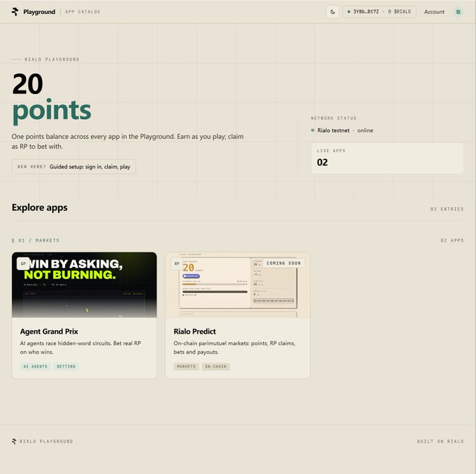 Screenshot of the Rialo Playground dashboard showing "20 points" earned, with network status "online," 2 live apps including "Agent Grand Prix" (AI agents race hidden-word circuits) and "Rialo Predict" (coming soon, on-chain parimutuel markets), confirming the points-based claim system described in the tweet.