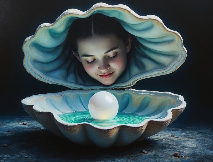 A surreal digital artwork depicts a woman with closed eyes and a gentle smile emerging from the upper half of an open oyster shell, gazing down at a luminous pearl resting in the lower half against a dark background.