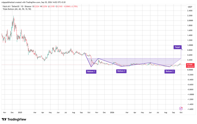 A TradingView chart of FET/USDT (Fetch.ai / TetherUS) on Binance displays a Triple Bottom pattern forming on the daily timeframe, with three labeled lows near $0.216 and a horizontal neckline around $0.45, marked with a "Target" annotation near $0.80.