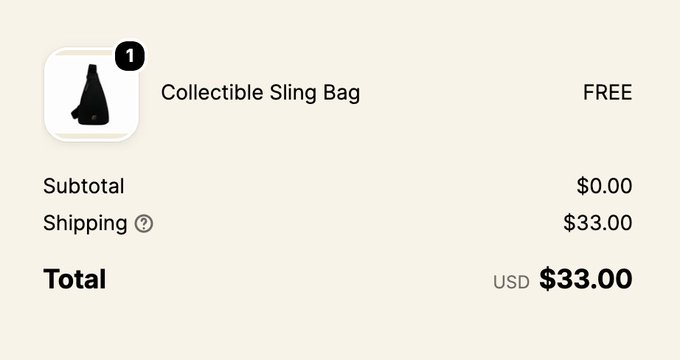 An online shopping checkout screen showing a free 'Collectible Sling Bag' with $33.00 shipping, totaling USD $33.00.