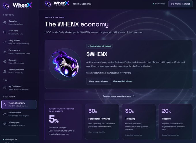 The WhenX Protocol website showing 'The $WHENX economy' page, detailing that $WHENX serves as the utility layer with 50% allocated to Forecaster Rewards, 30% to Treasury, and 20% to Reserve.