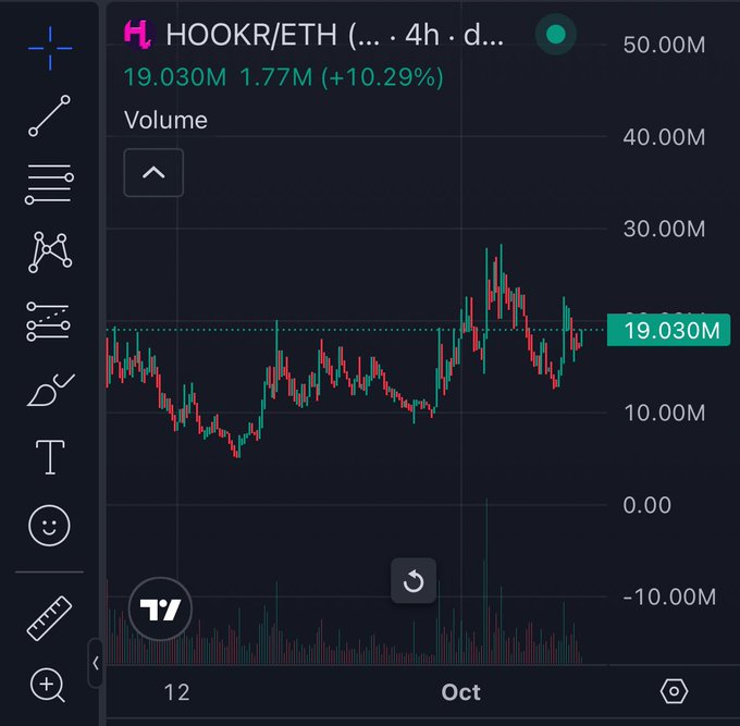 A candlestick chart for HOOKR/ETH showing a volume of 19.030M, up 10.29%, displayed on the TradingView platform.