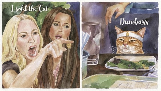 A watercolor painting styled like the 'Woman Yelling at a Cat' meme, showing two angry women pointing with the text 'I sold the Cat', while a smug orange tabby wearing a headband sits calmly at a dinner table with the label 'Dumbass'.
