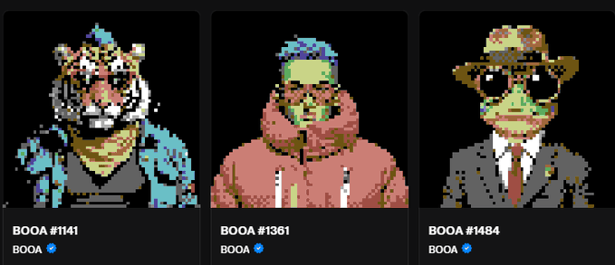 Three pixel-art BOOA NFT profile pictures (#1141, #1361, #1484) featuring stylized characters including a tiger and figures in hoodies and hats.